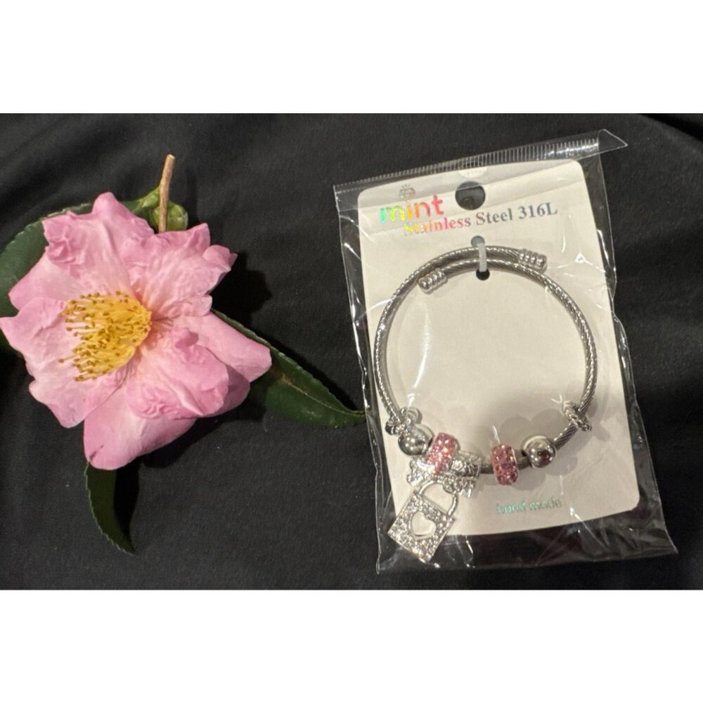 Mint Stainless Steel Heart PadLock Crystals Charm Silvertone Bangle Bracelet NEW - Picture 7 of 7